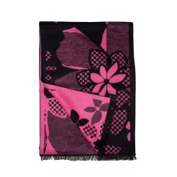 Eleganter Winterschal Seidenflanell Blumen schwarz pink