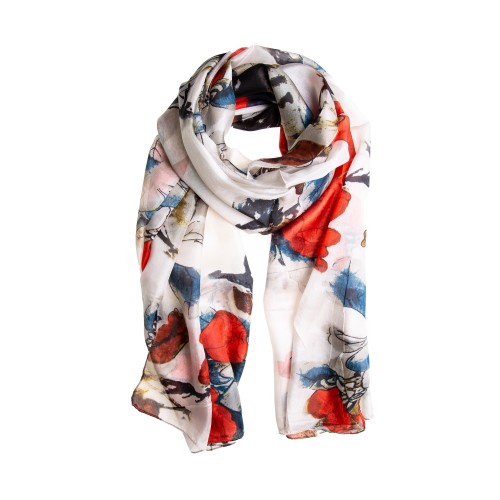 Seidenschal Halstuch Schal Chiffon naturweiß Floralprint orange
