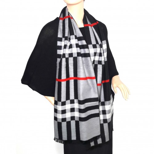 Seidenflanell Schal Halstuch kariert schwarz weiß rot 180x30 cm reine Seide